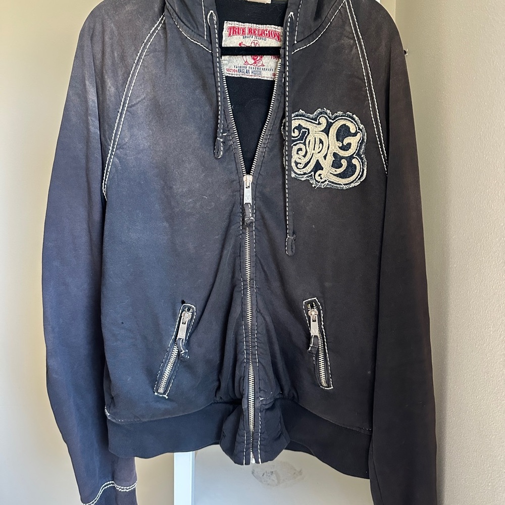 True Religion Charcoal Hoodie with Embroidered Patch. MENS XL